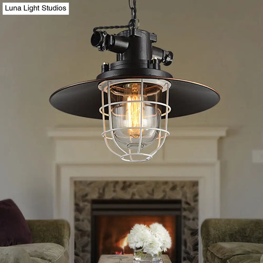 Industrial Black Metal Pendant Light With Clear Glass Shade / B