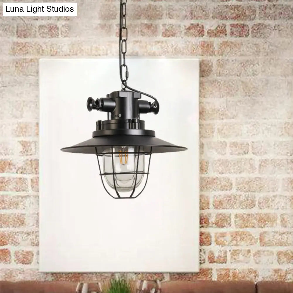 Industrial Black Metal Pendant Light With Clear Glass Shade / A