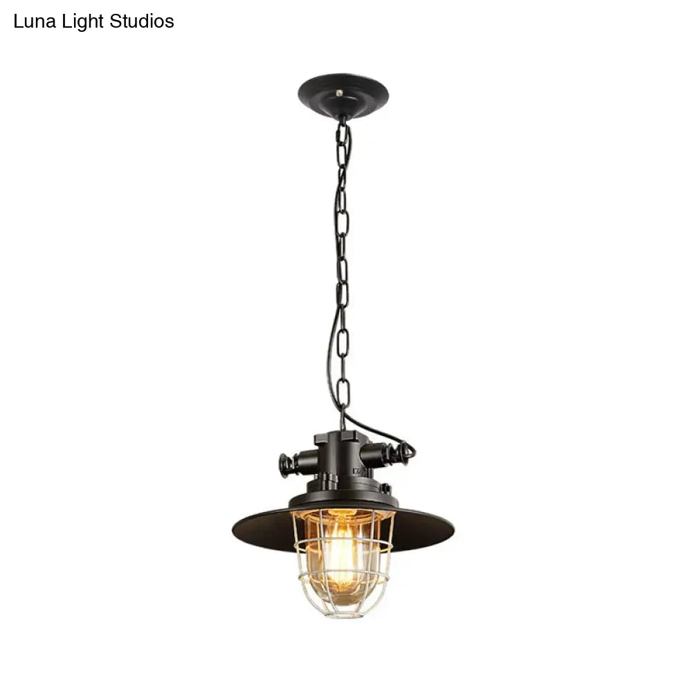 Industrial Black Wire Cage Pendant Light With Clear Glass Shade