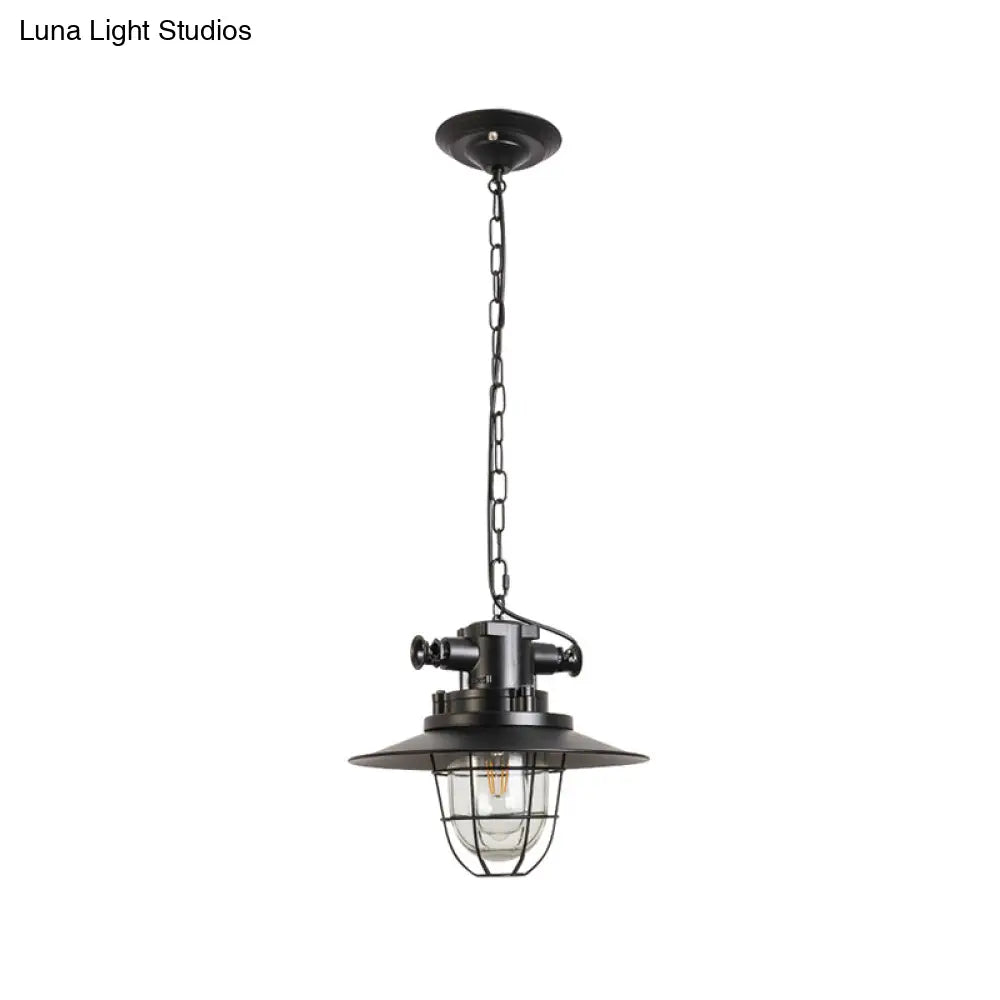 Industrial Black Wire Cage Pendant Light With Clear Glass Shade