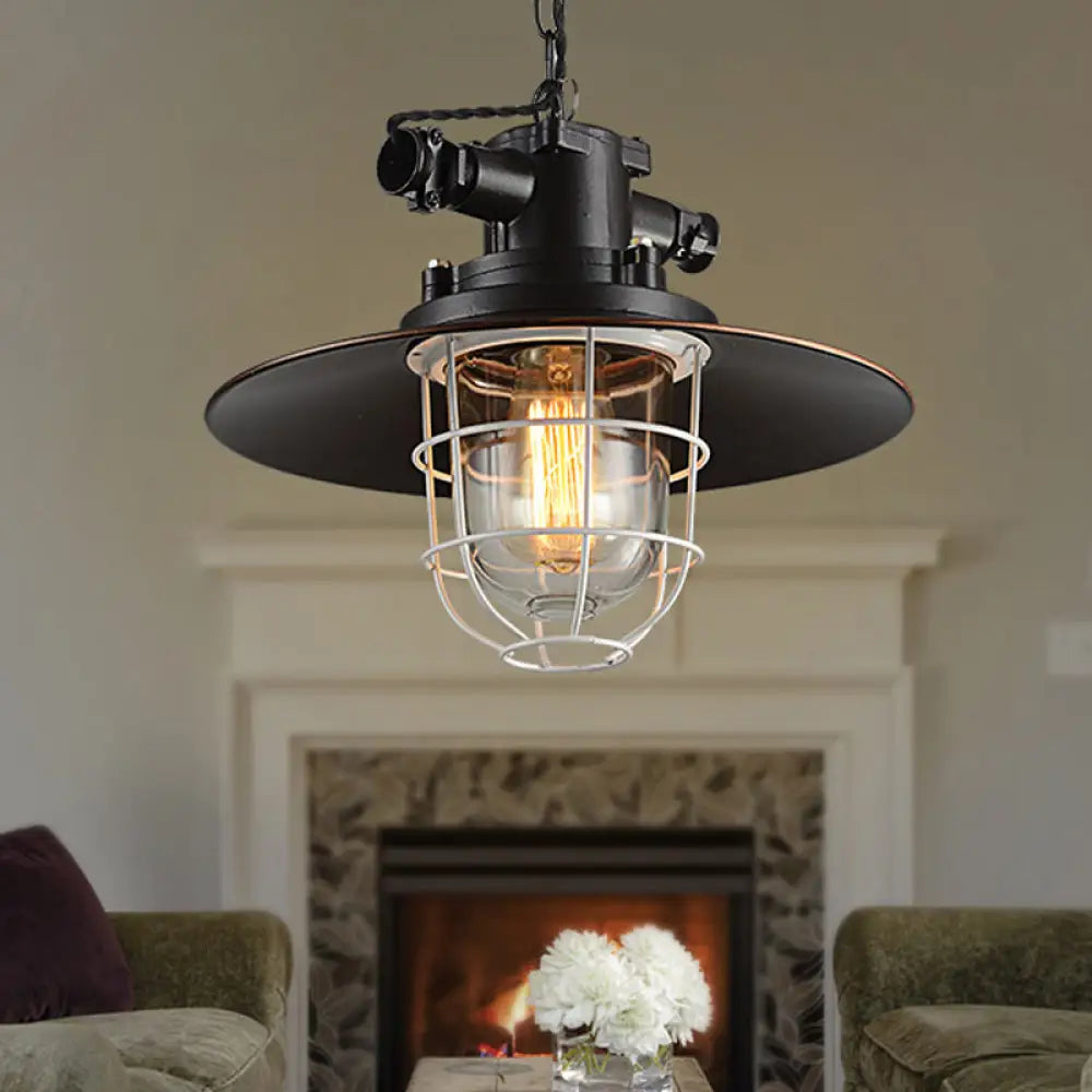 Industrial Black Wire Cage Pendant Light With Clear Glass Shade / B