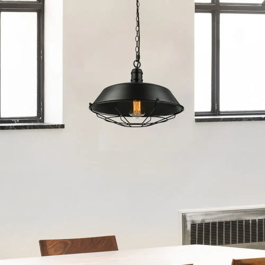Industrial Black Wire Cage Pendant With Barn Shade - Ceiling Or Dining Table Hanging Fixture