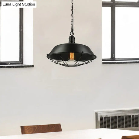 Industrial Black Wire Cage Pendant With Barn Shade - Ceiling Or Dining Table Hanging Fixture