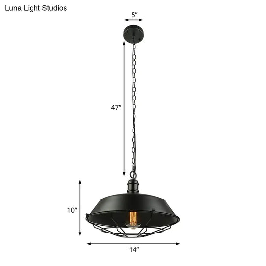 Industrial Wire Cage Pendant Light With Barn Shade - Black