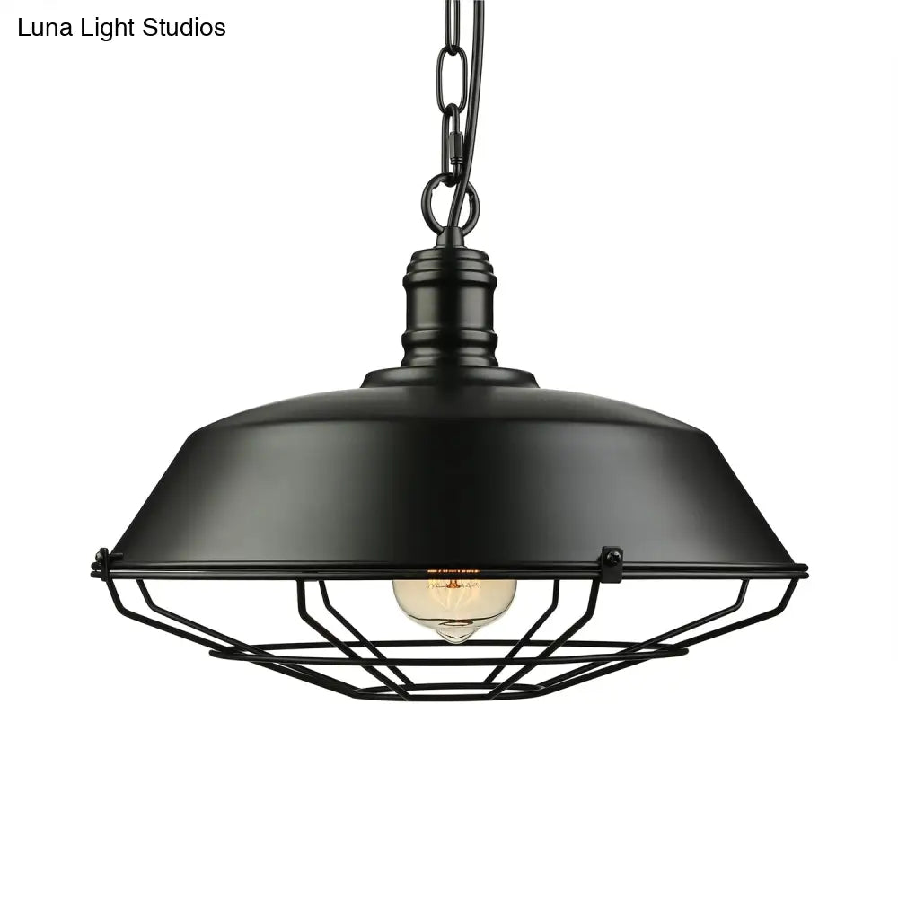 Industrial Black Wire Cage Pendant With Barn Shade - Ceiling Or Dining Table Hanging Fixture