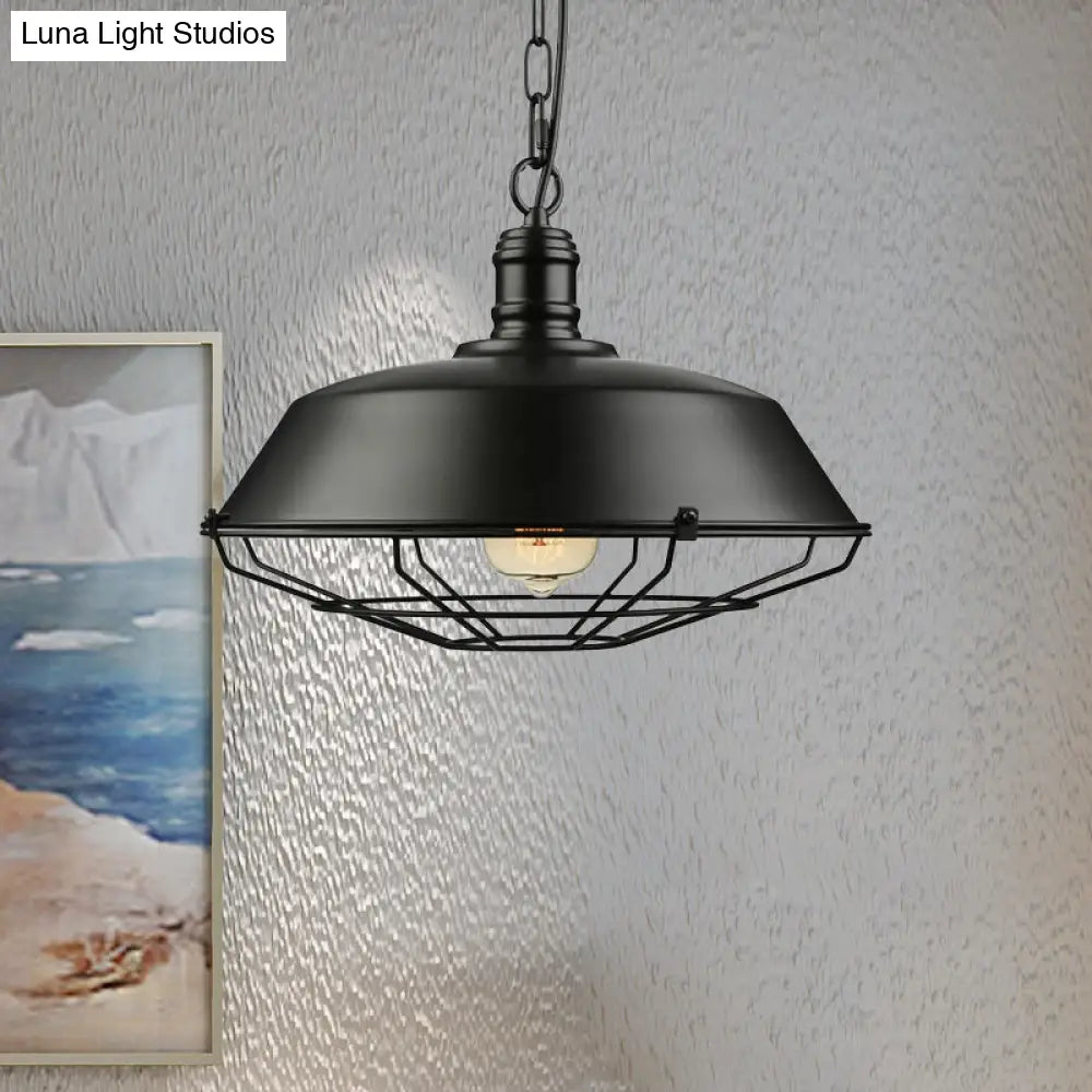 Industrial Black Wire Cage Pendant With Barn Shade - Ceiling Or Dining Table Hanging Fixture