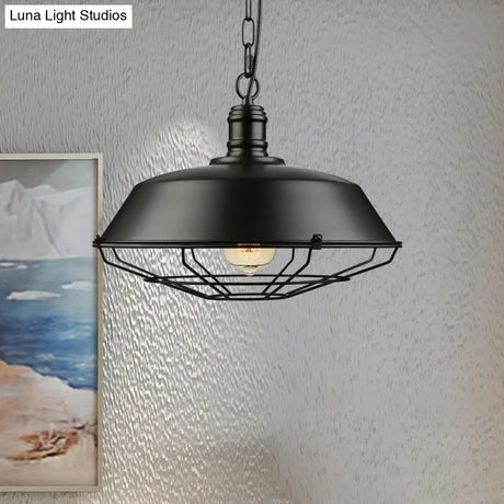 Industrial Black Wire Cage Pendant With Barn Shade - Ceiling Or Dining Table Hanging Fixture