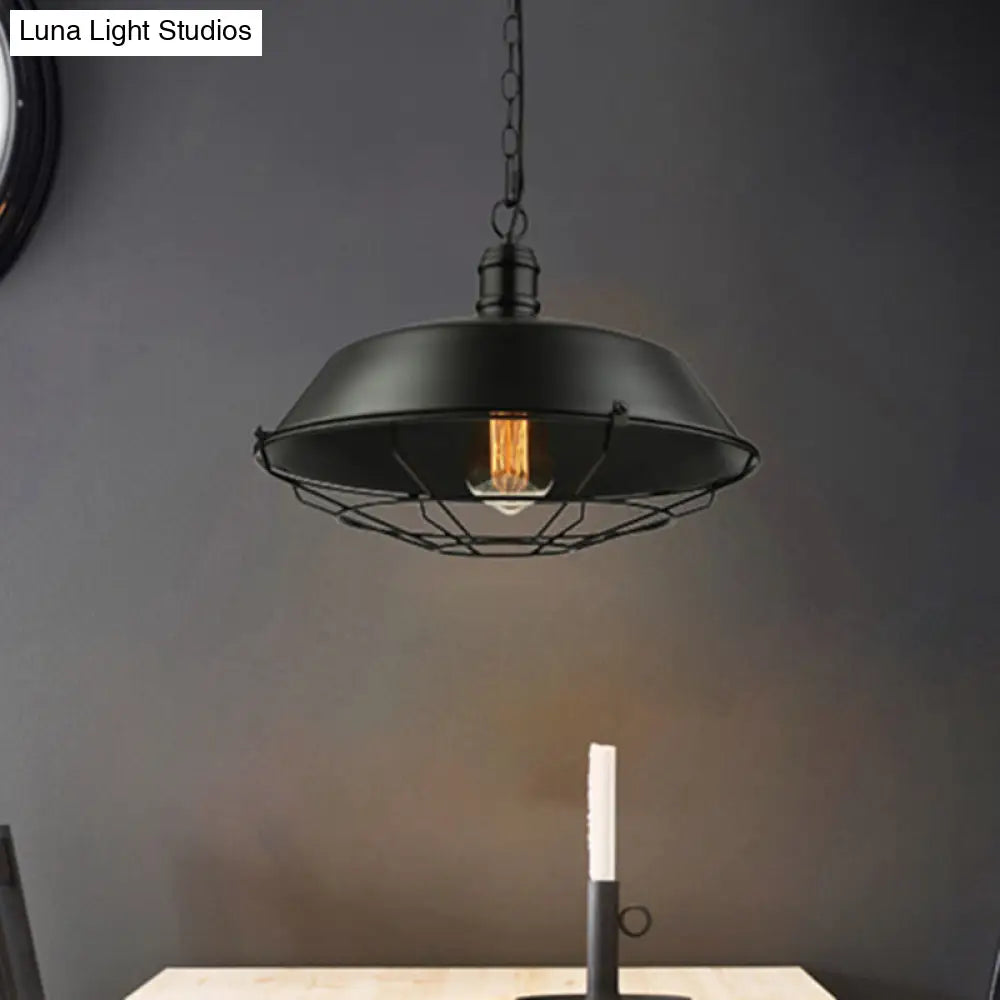 Industrial Wire Cage Pendant Light With Barn Shade - Black