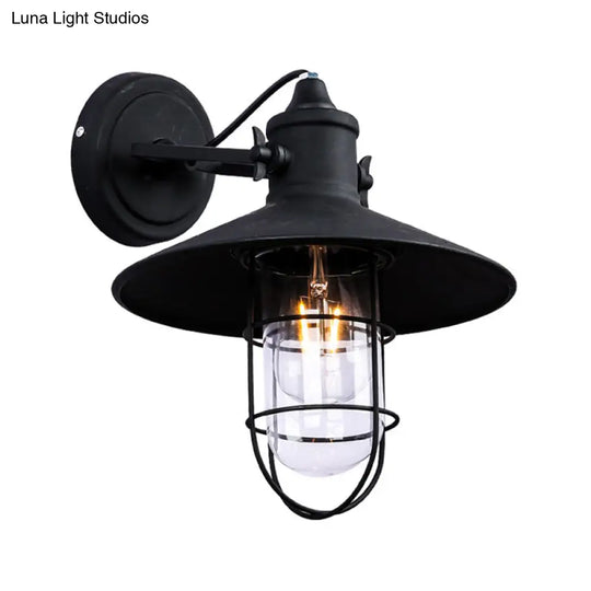 Industrial Black Wire Cage Wall Sconce With Clear Glass - 1 Light Coffee Shop Lighting