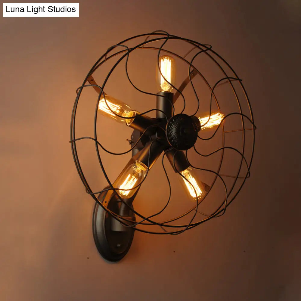 Industrial Black Wire Frame Wall Sconce With Fan Design - 5 Lights Metal Corridor Mount
Or
Black