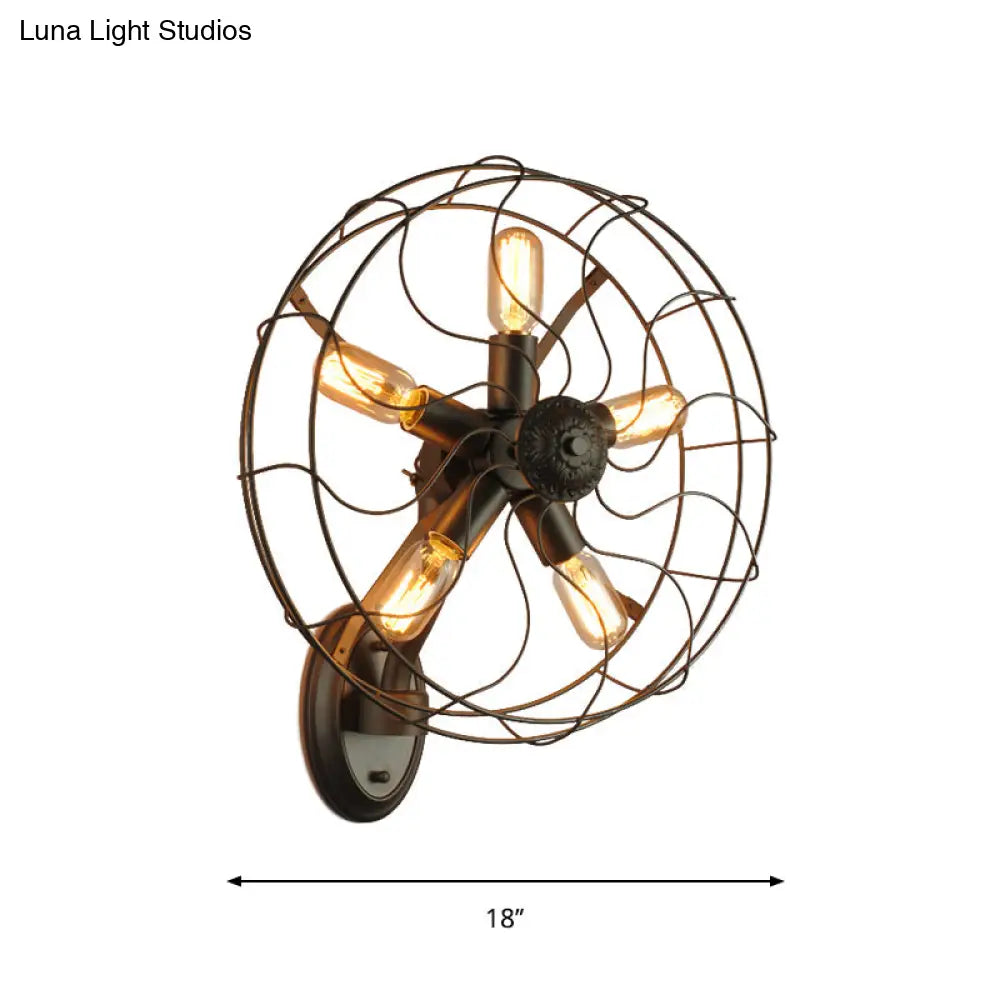 Industrial Black Wire Frame Wall Sconce With Fan Design - 5 Lights Metal Corridor Mount
Or
Black