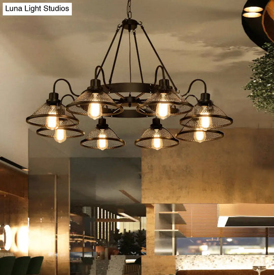 Industrial Black Metal Chandelier With Flared Wire Mesh Shade - 6/8-Light Ceiling Light For