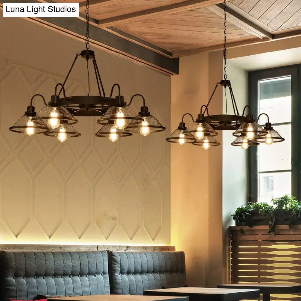 Industrial Black Wire Mesh Chandelier - 6/8-Light Flared Ceiling Light For Restaurant