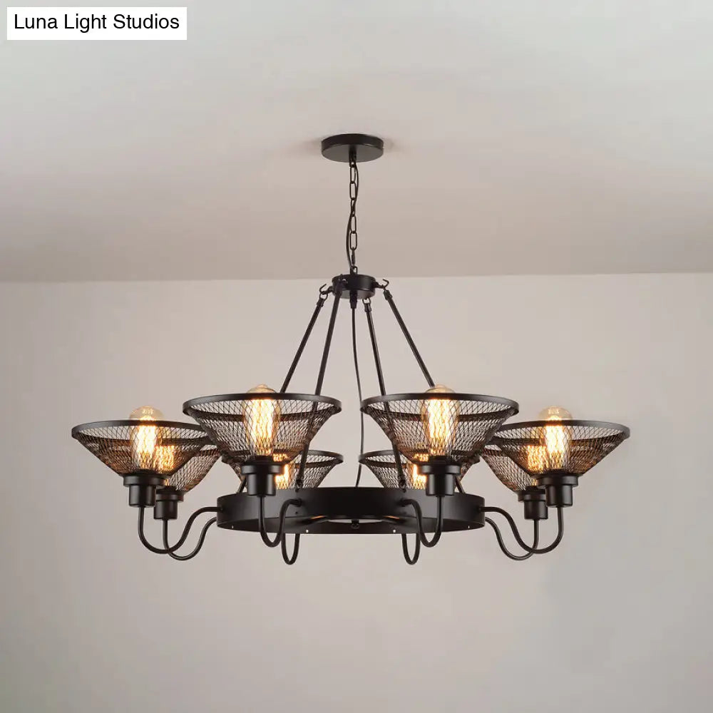 Industrial Black Metal Chandelier With Flared Wire Mesh Shade - 6/8-Light Ceiling Light For