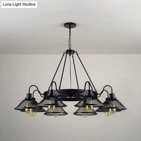 Industrial Black Metal Chandelier With Flared Wire Mesh Shade - 6/8-Light Ceiling Light For