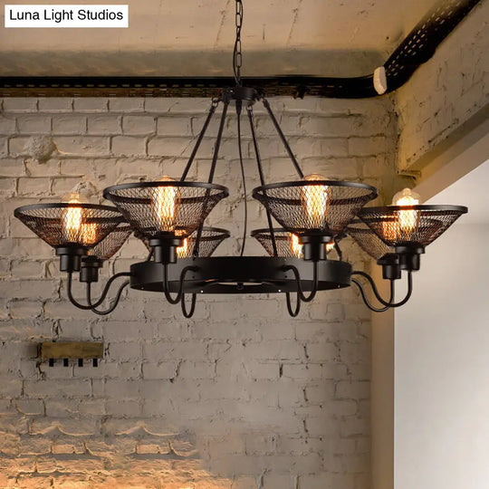 Industrial Black Metal Chandelier With Flared Wire Mesh Shade - 6/8-Light Ceiling Light For