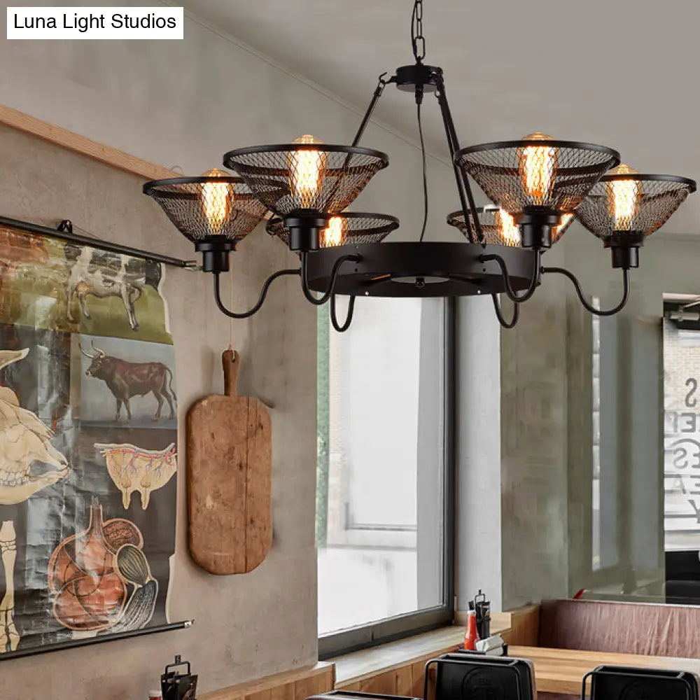 Industrial Black Wire Mesh Chandelier - 6/8-Light Flared Ceiling Light For Restaurant