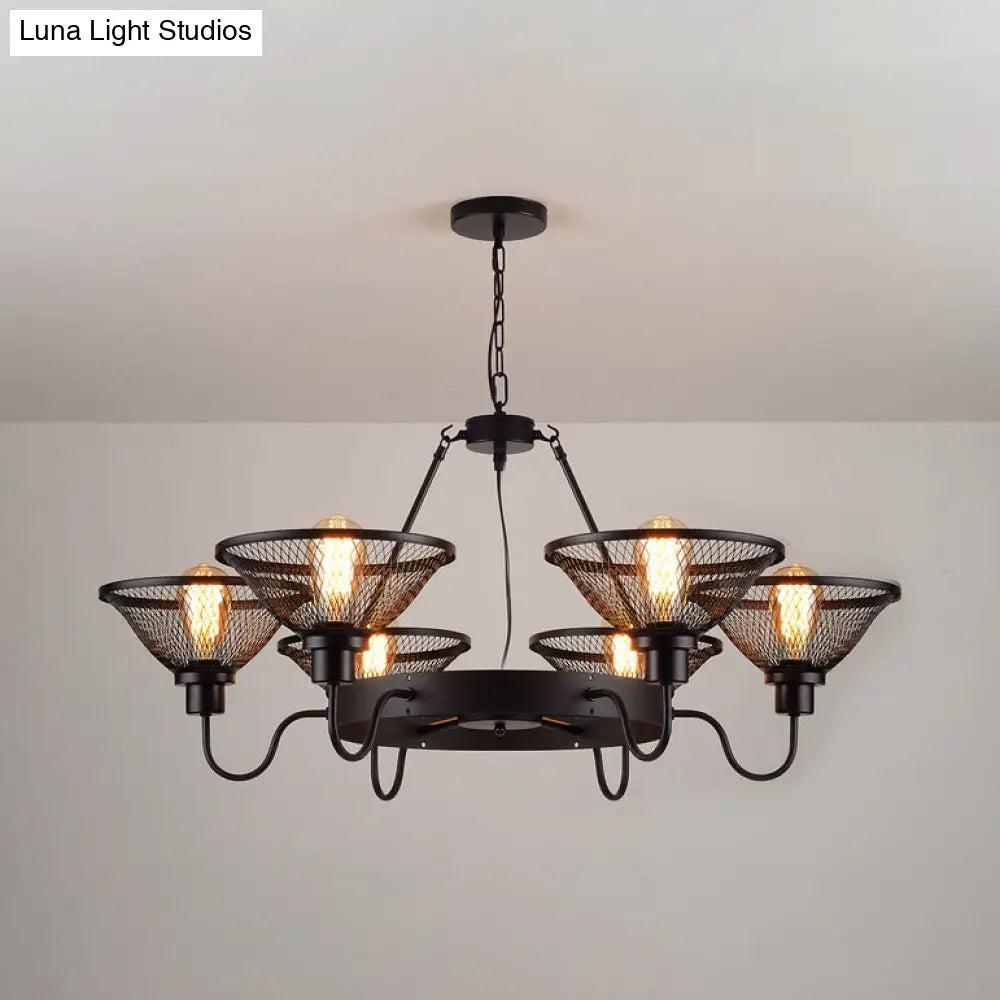 Industrial Black Metal Chandelier With Flared Wire Mesh Shade - 6/8-Light Ceiling Light For