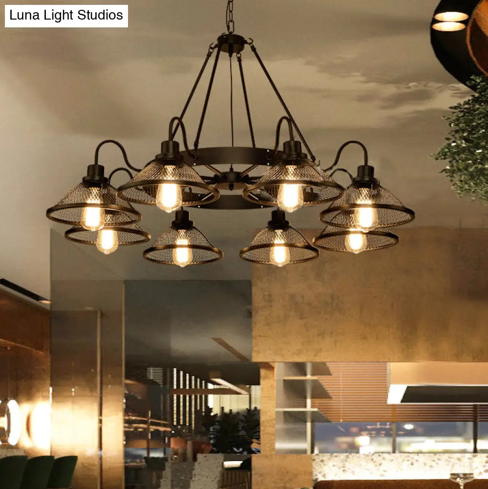 Industrial Black Wire Mesh Chandelier - 6/8-Light Flared Ceiling Light For Restaurant