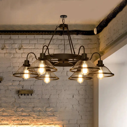 Industrial Black Wire Mesh Chandelier - 6/8-Light Flared Ceiling Light For Restaurant 6 / Down