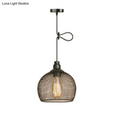 Industrial Black Wire Mesh Pendant Light With Height Adjustable Hanging Lamp For Dining Room