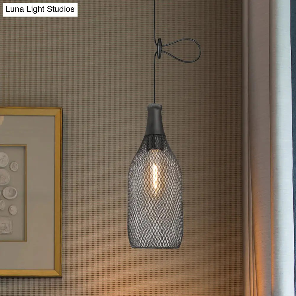 Industrial Black Wire Mesh Pendant Light With Height Adjustable Hanging Lamp For Dining Room