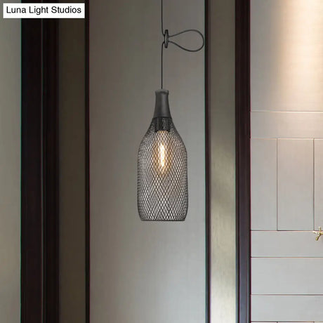 Industrial Black Wire Mesh Pendant Light With Height Adjustable Hanging Lamp For Dining Room