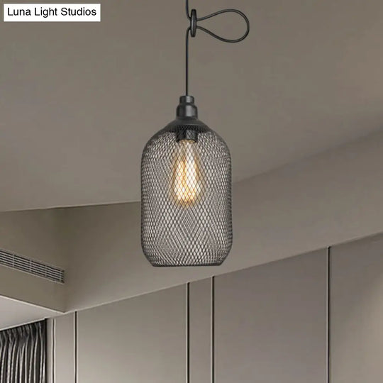 Industrial Wire Mesh Metal Pendant Light - Adjustable Height Black Finish