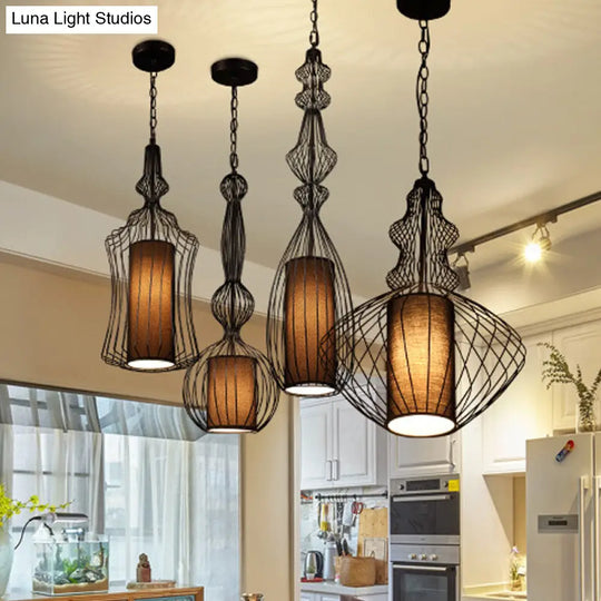 Vintage Black Cage Pendant Lamp With Fabric Shade - Industrial Design For Dining Room Lighting