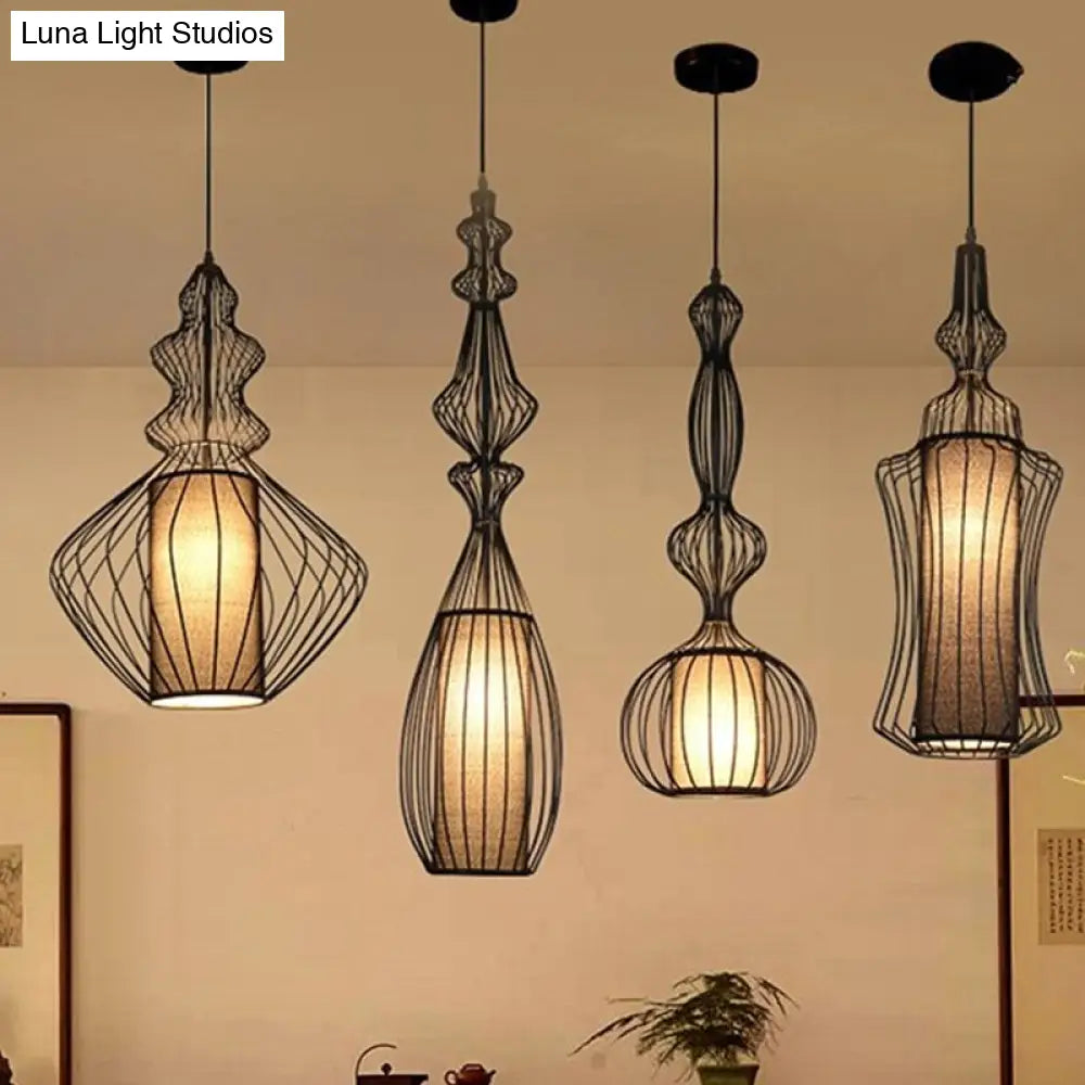 Industrial Black Wire Pendant Light With Fabric Shade - 1 Dining Room Fixture
