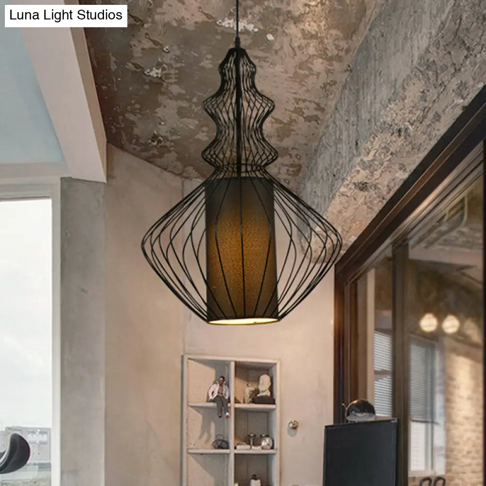 Vintage Black Cage Pendant Lamp With Fabric Shade - Industrial Design For Dining Room Lighting / C