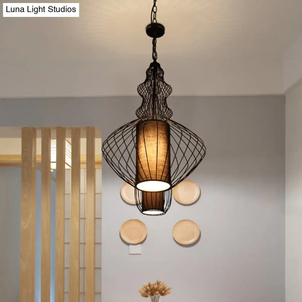 Industrial Black Wire Pendant Light With Fabric Shade - 1 Dining Room Fixture