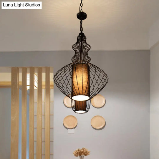 Industrial Black Wire Pendant Light With Fabric Shade - 1 Dining Room Fixture