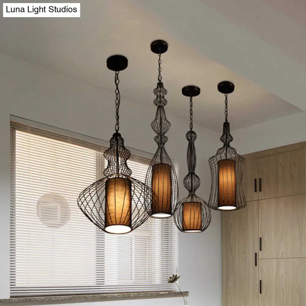 Industrial Black Wire Pendant Light With Fabric Shade - 1 Dining Room Fixture