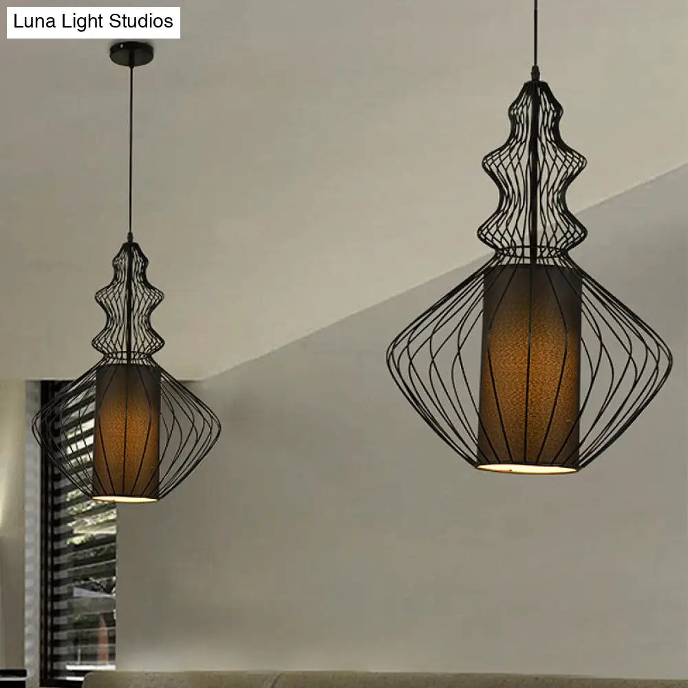 Industrial Black Wire Pendant Light With Fabric Shade - 1 Dining Room Fixture