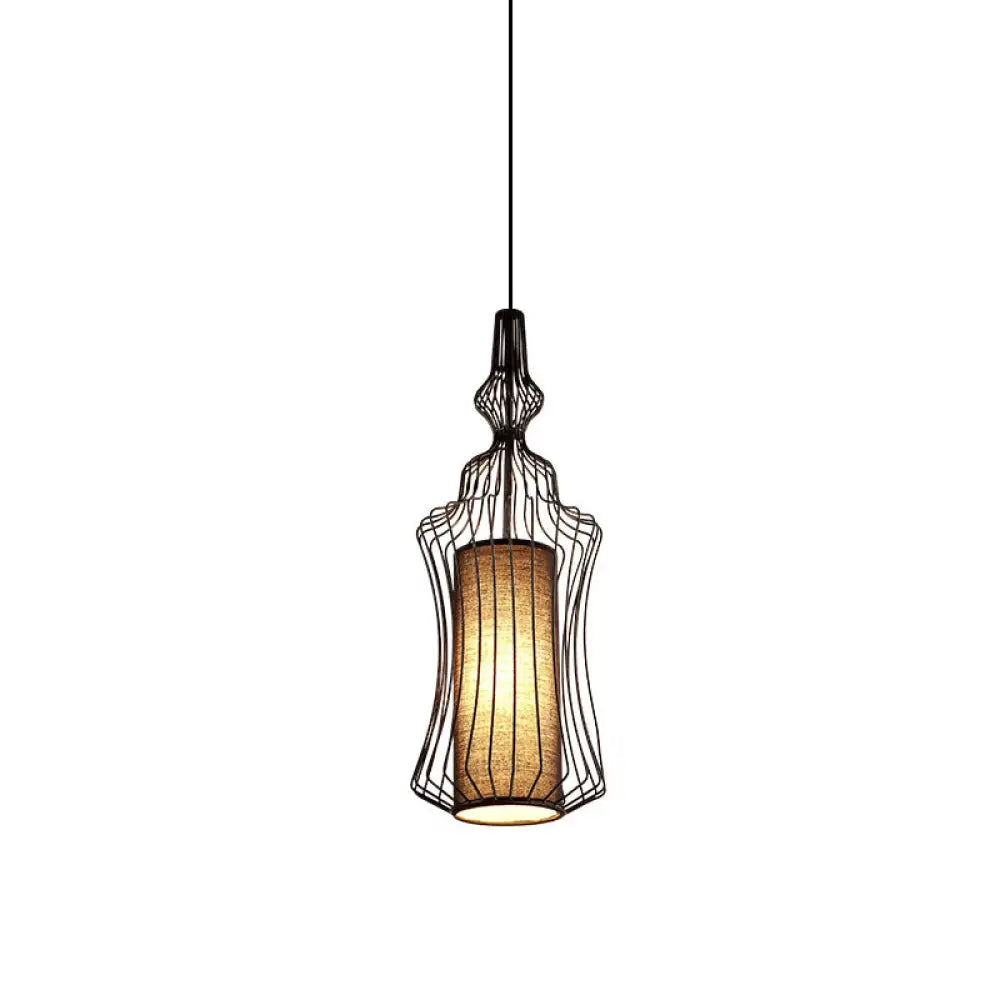 Industrial Black Wire Pendant Light With Fabric Shade - 1 Dining Room Fixture / B