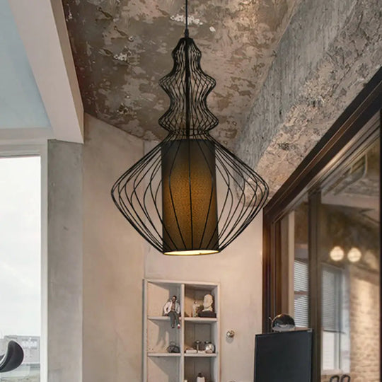 Industrial Black Wire Pendant Light With Fabric Shade - 1 Dining Room Fixture / C