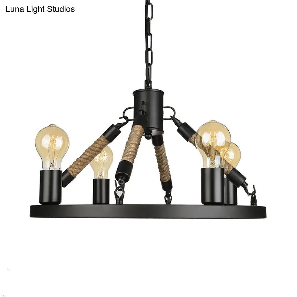 Industrial Black Wrought Iron Chandelier Light With 4 Heads Open Bulb Pendant And Chain