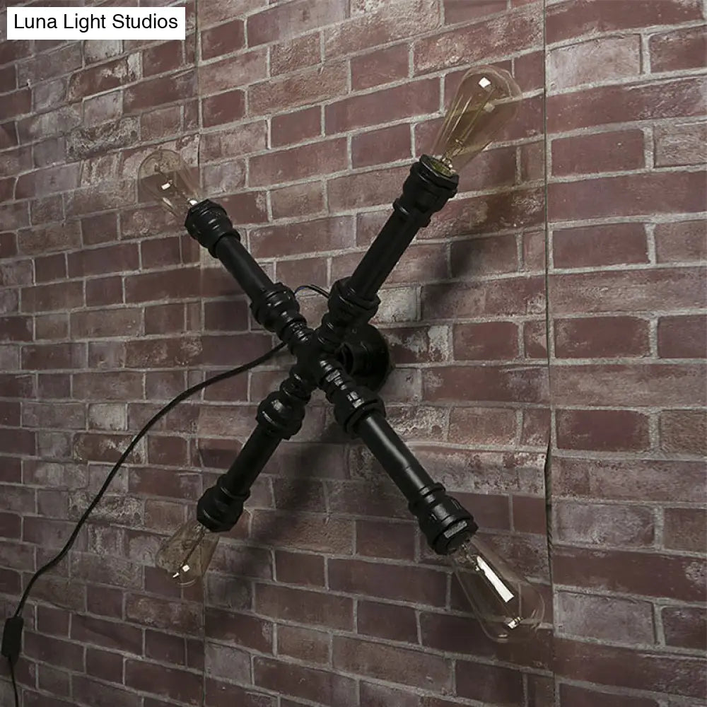 Industrial Black X-Shaped Wall Sconce Lamp With Water Pipe 4 Bulbs