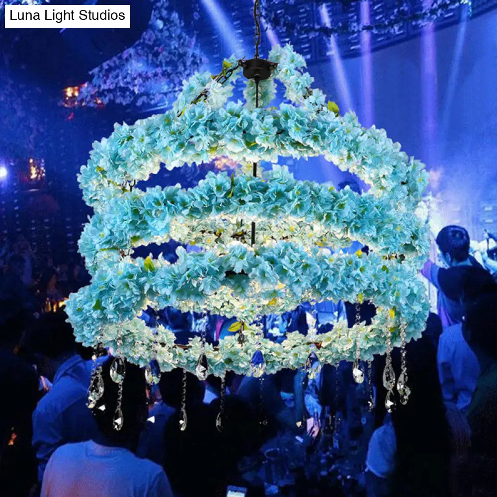 Industrial Blue Circle Pendant Chandelier With Led Down Lighting And Crystal Accent - 6 Heads