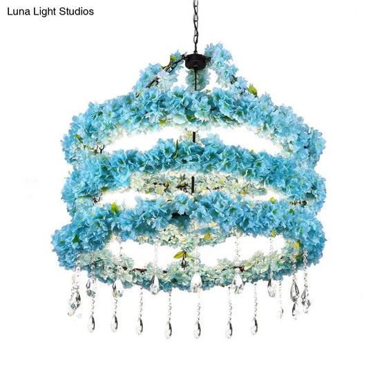 Industrial Blue Circle Metal Pendant Chandelier With Crystal Accent And Led Down Lighting - 6 Heads