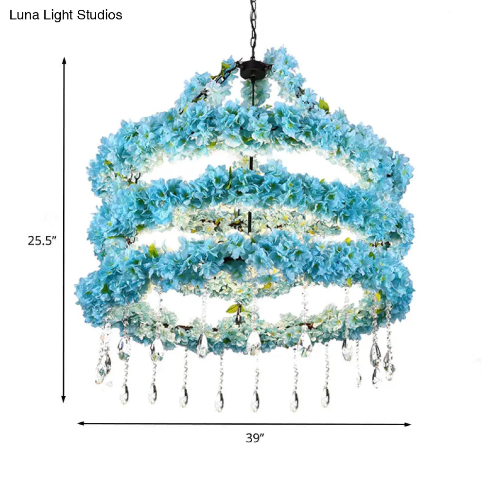 Industrial Blue Circle Pendant Chandelier With Led Down Lighting And Crystal Accent - 6 Heads