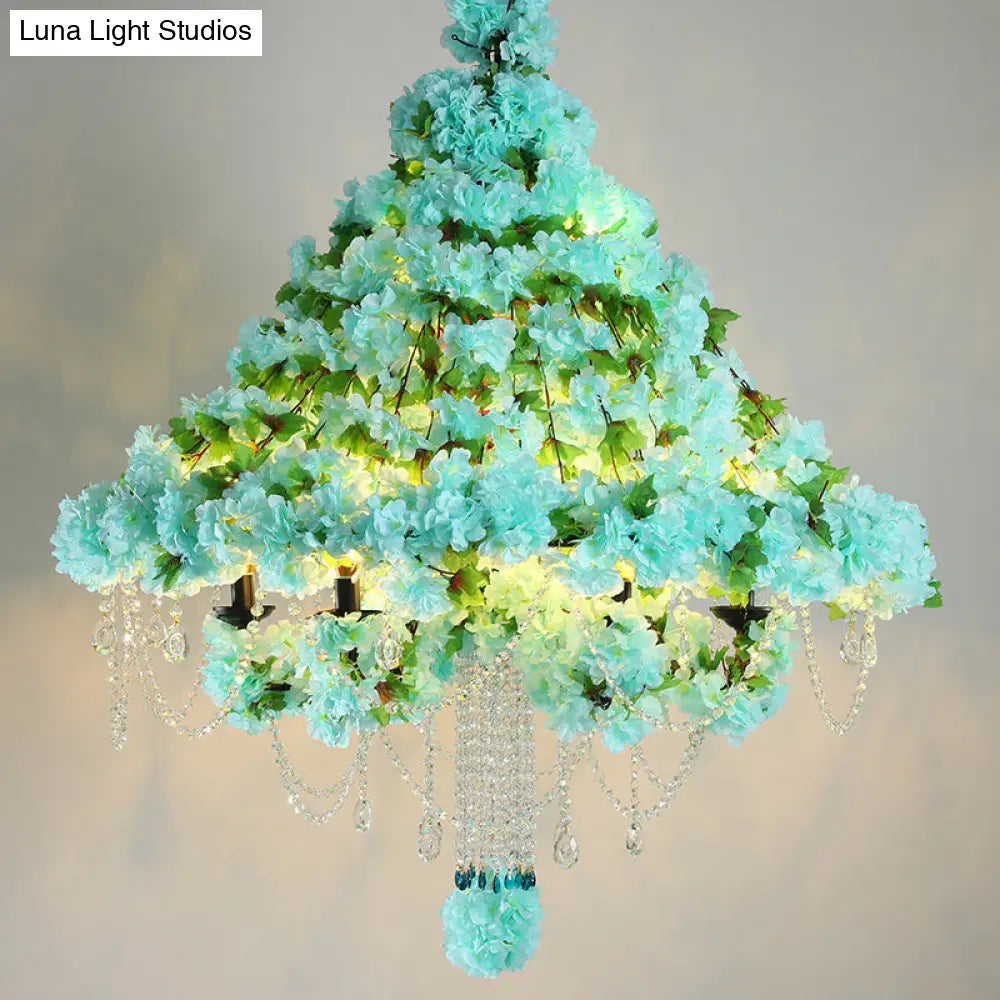 Industrial Blue Iron Flower Chandelier With Crystal Accents - 6-Head Conical Cage Pendant