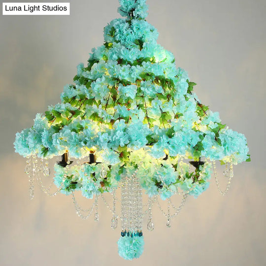 Industrial Blue Iron Flower Chandelier With Crystal Accents - 6-Head Conical Cage Pendant