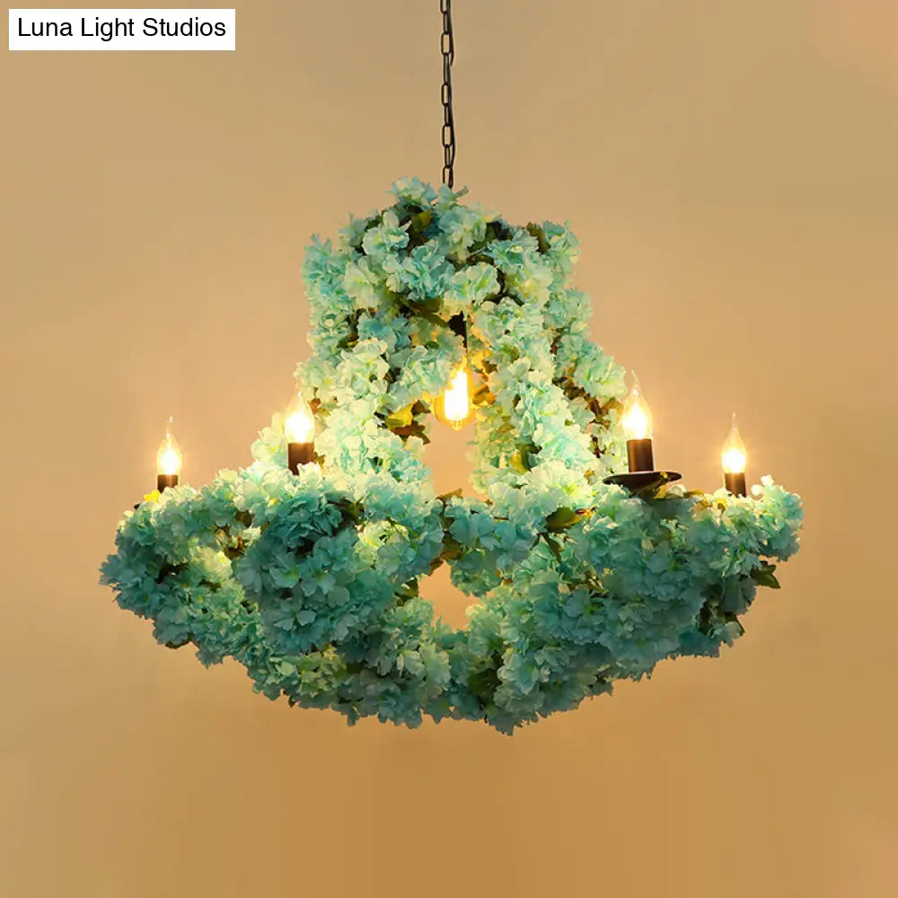 Industrial Blue Metal Led Candle Pendant Chandelier With Cherry Blossom Decoration - 6 Bulb