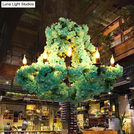 Industrial Metal Led Chandelier With Cherry Blossom Decor - 6 Bulbs Candle Pendant Suspension