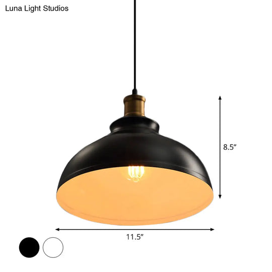 Industrial Bowl-Shaped Metal Ceiling Suspension Lamp - Single-Bulb Drop Pendant In Black/White