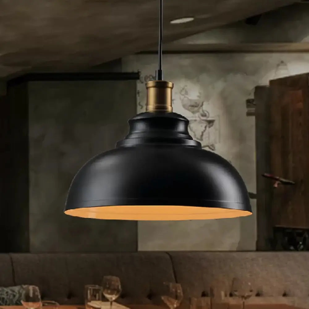 Industrial Bowl-Shaped Metal Ceiling Suspension Lamp - Single-Bulb Drop Pendant In Black/White Black