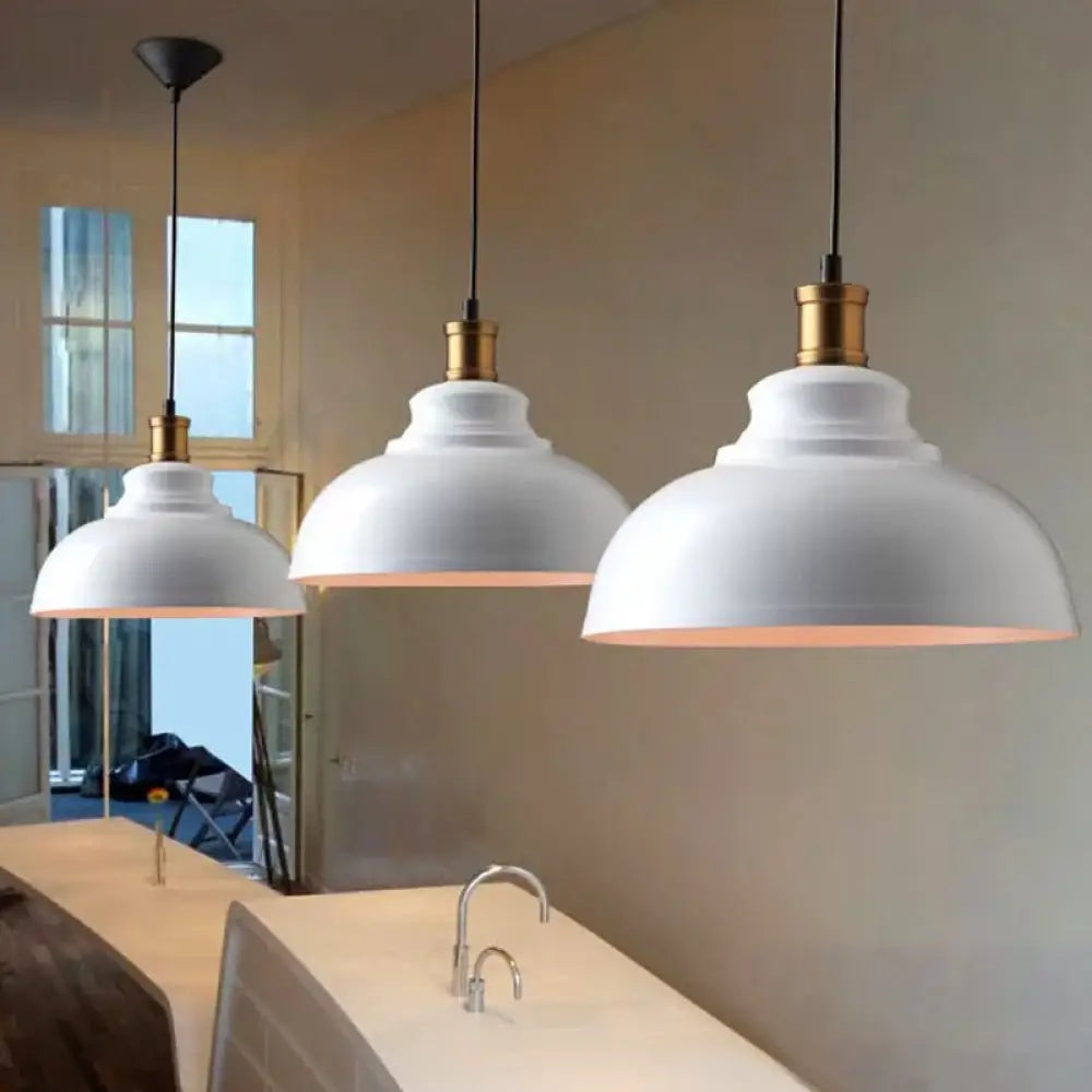 Industrial Bowl-Shaped Metal Ceiling Suspension Lamp - Single-Bulb Drop Pendant In Black/White White