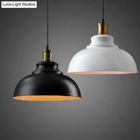 Industrial Metal Ceiling Suspension Lamp In Black/White - Single-Bulb Drop Pendant Bowl Shape